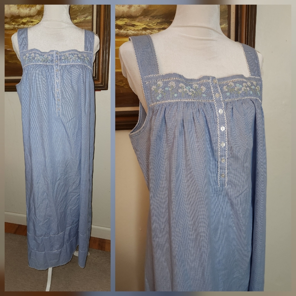 Vintage Aria Cotton Blue Floral Embroidered Gingham Sleeveless Slip Dress